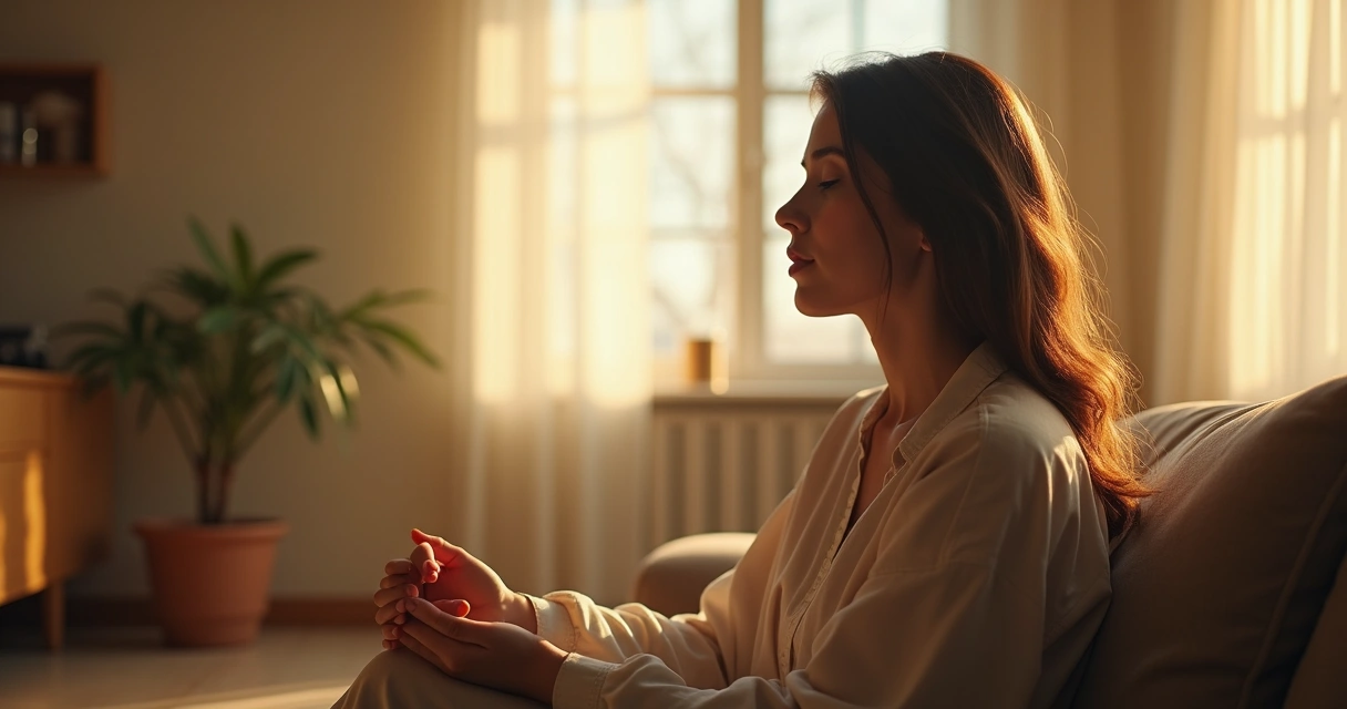 Woman sitting quietly indoors in contemplative silence, soft morning light