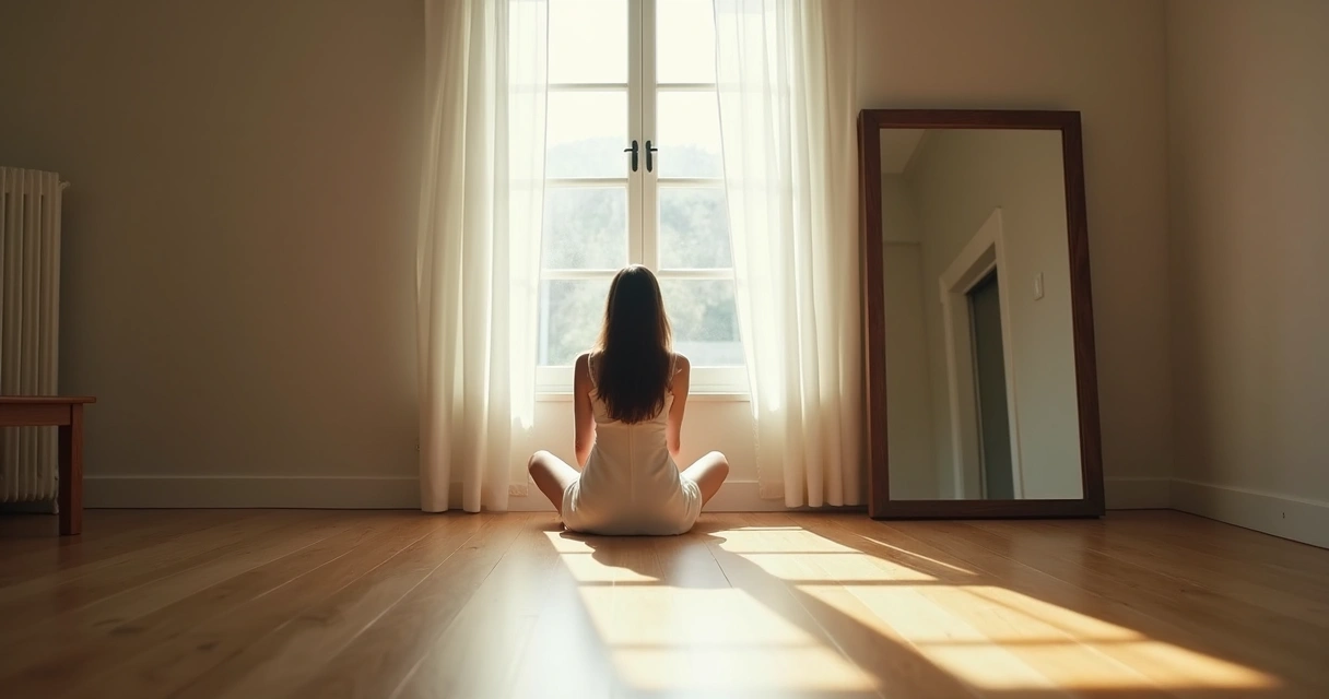 Woman sitting on floor looking at her reflection in a mirror