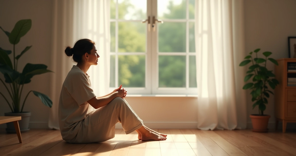 Woman sitting alone in a dimly lit room, looking out the window 