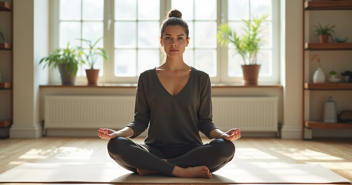 Woman sitting cross-legged on mat in bright room 