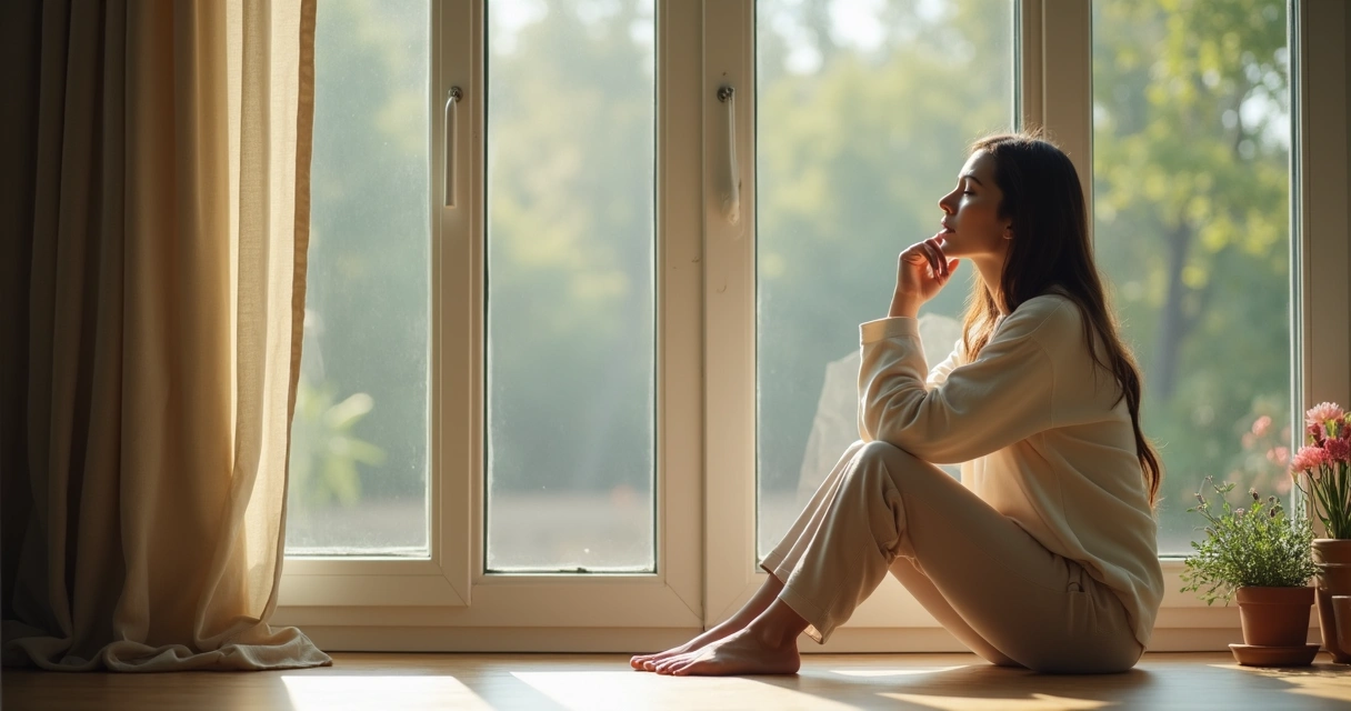 Woman sitting and reflecting peacefully by a window