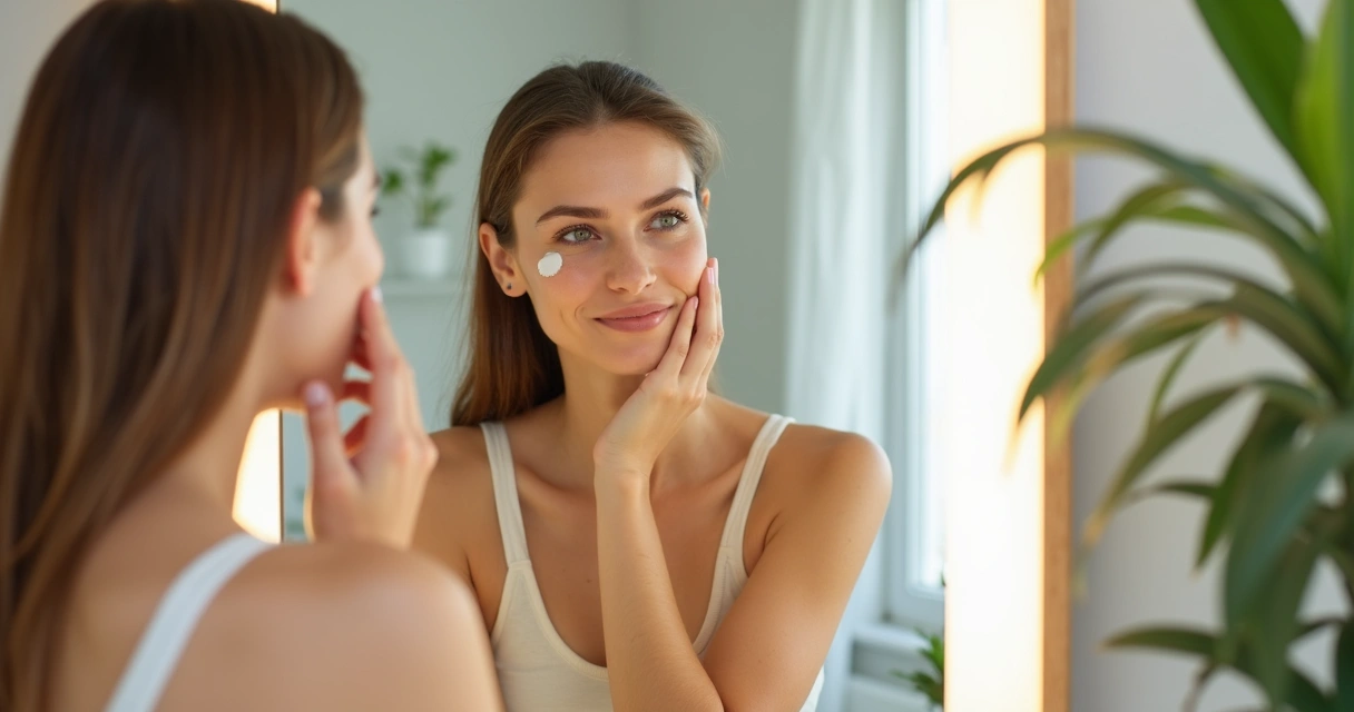 Woman applying cream to her face in the bathroom mirror 