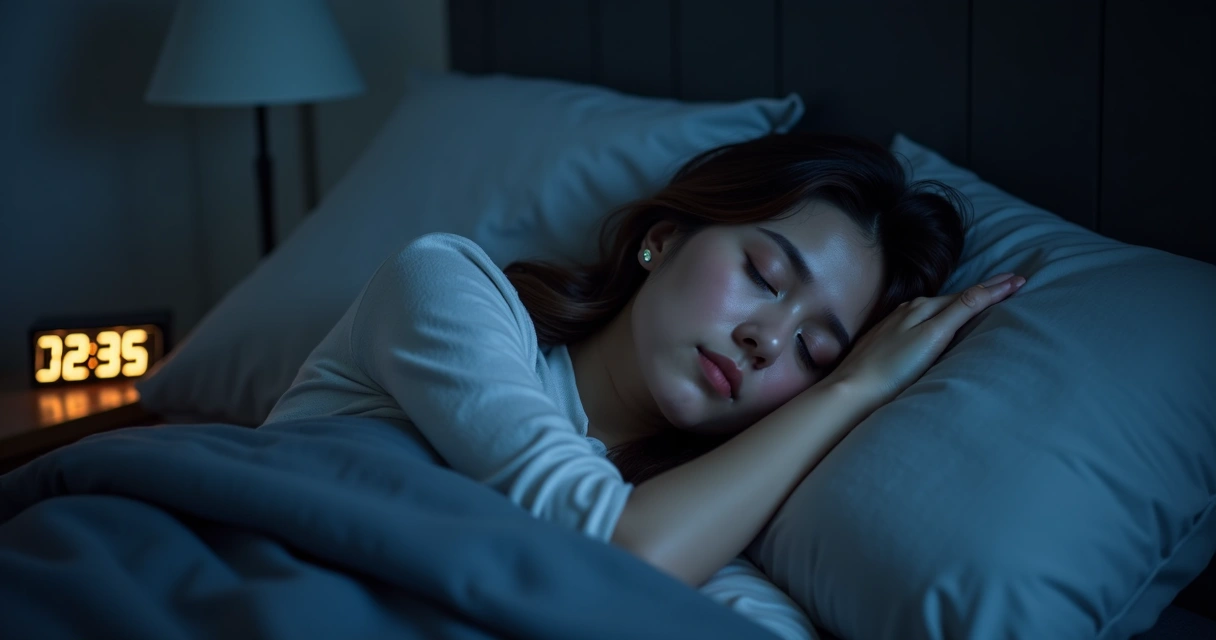 Woman sleeping peacefully in a dark bedroom
