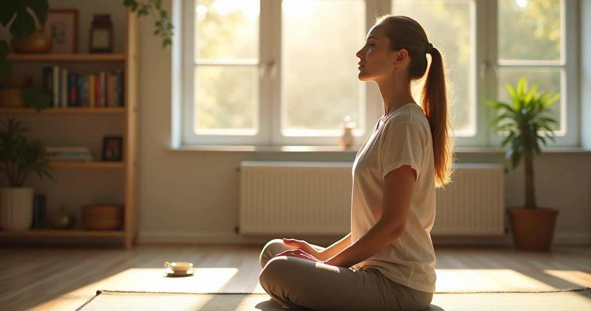 Woman practicing slow breathing for memory focus 