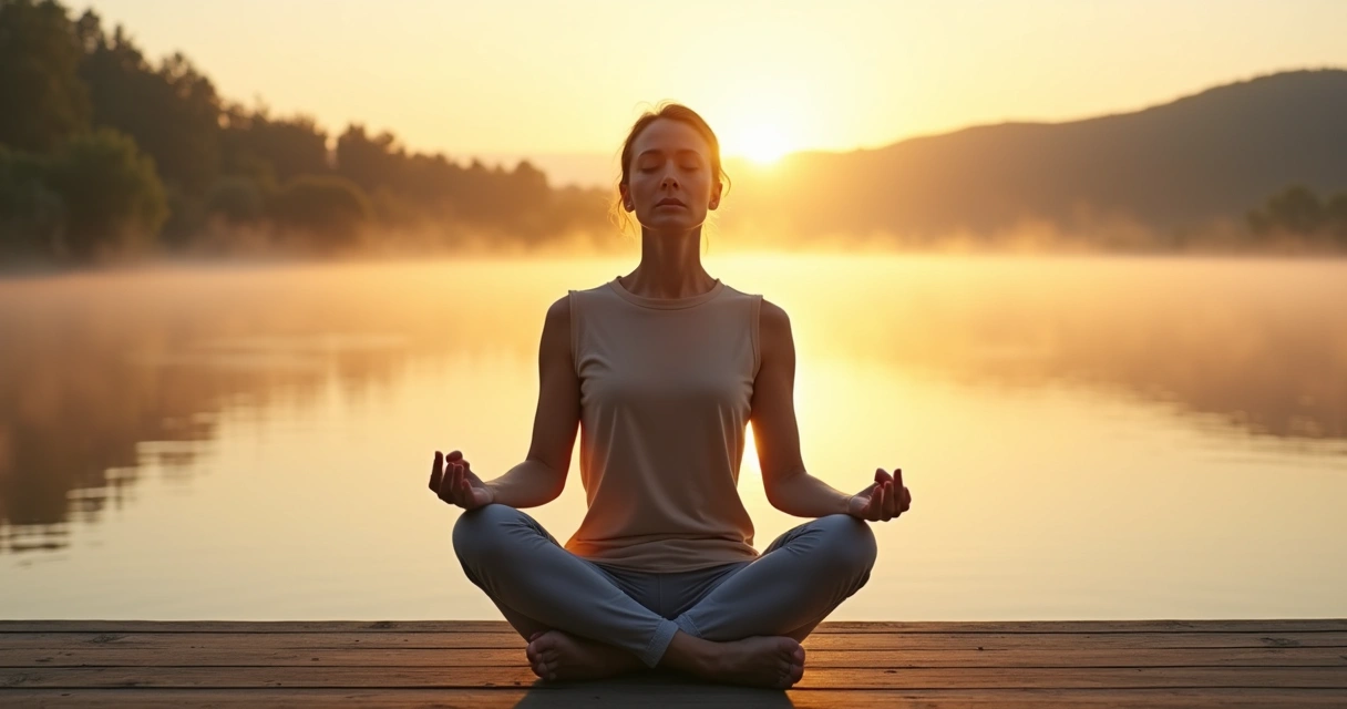Person practicing slow breathing outdoors at sunrise 