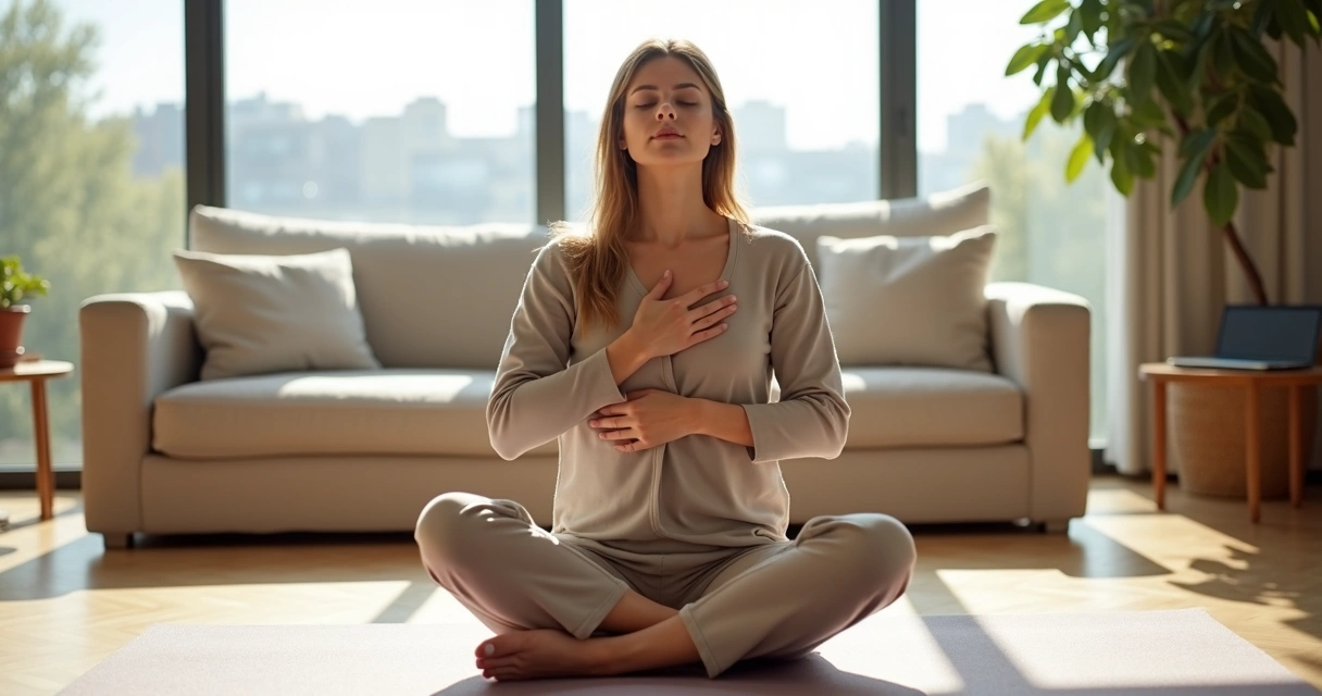 Person practicing mindful somatic movement in a modern living room 