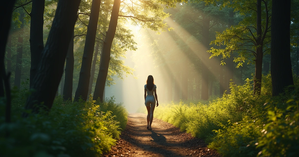 Woman standing on a forest path at dawn, looking forward with hesitation 