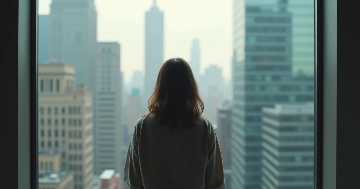 Woman gazing at her reflection in a window during daylight 
