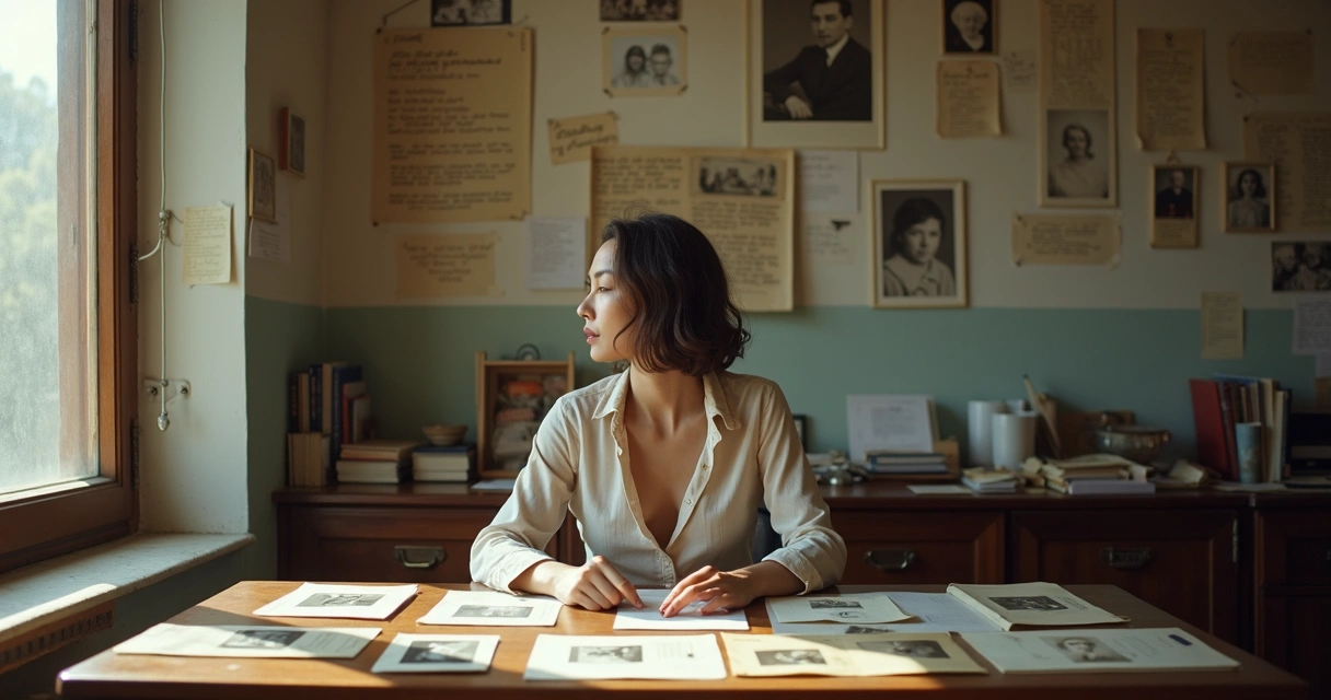 Woman reflecting, surrounded by faded memories and handwritten notes 