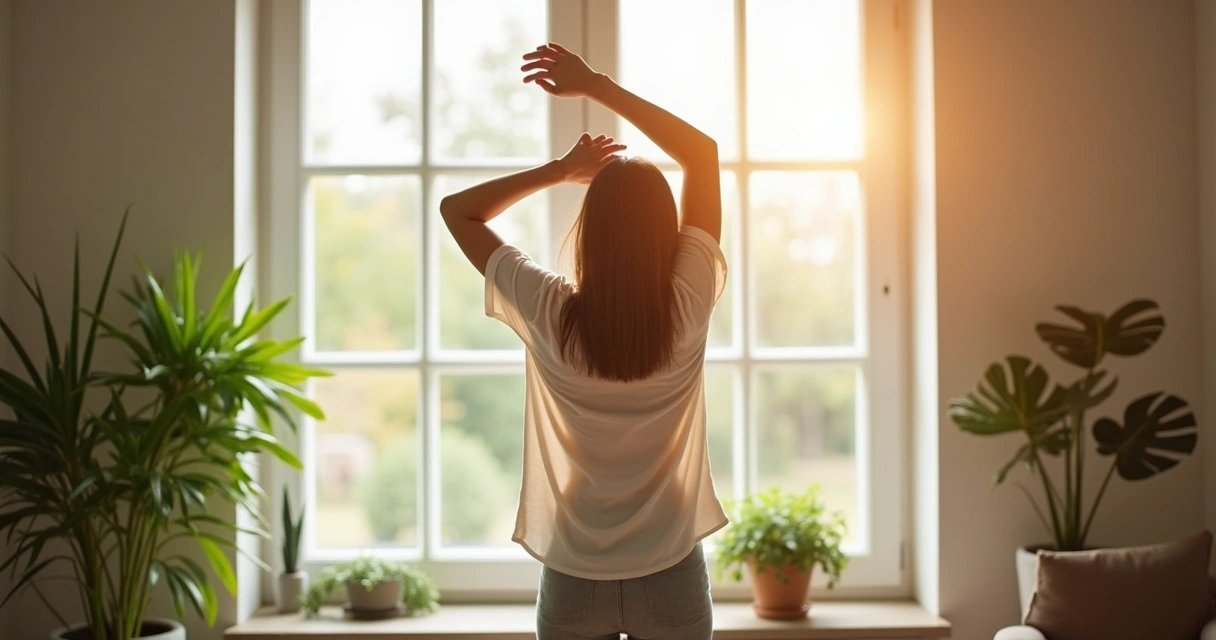 Woman stretching by a bright window 