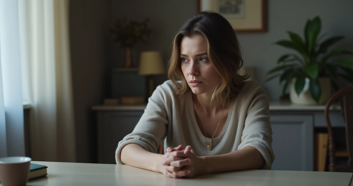 Woman looking away with tense posture, hands clasped tightly