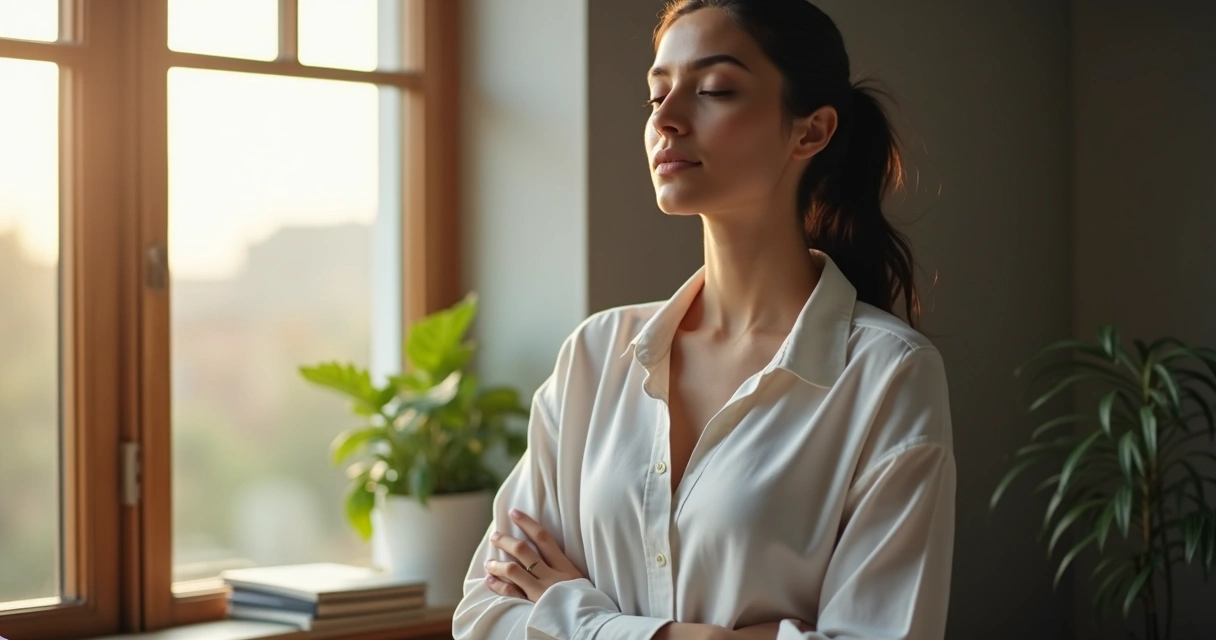 Woman standing with eyes closed, taking a short mindful pause 