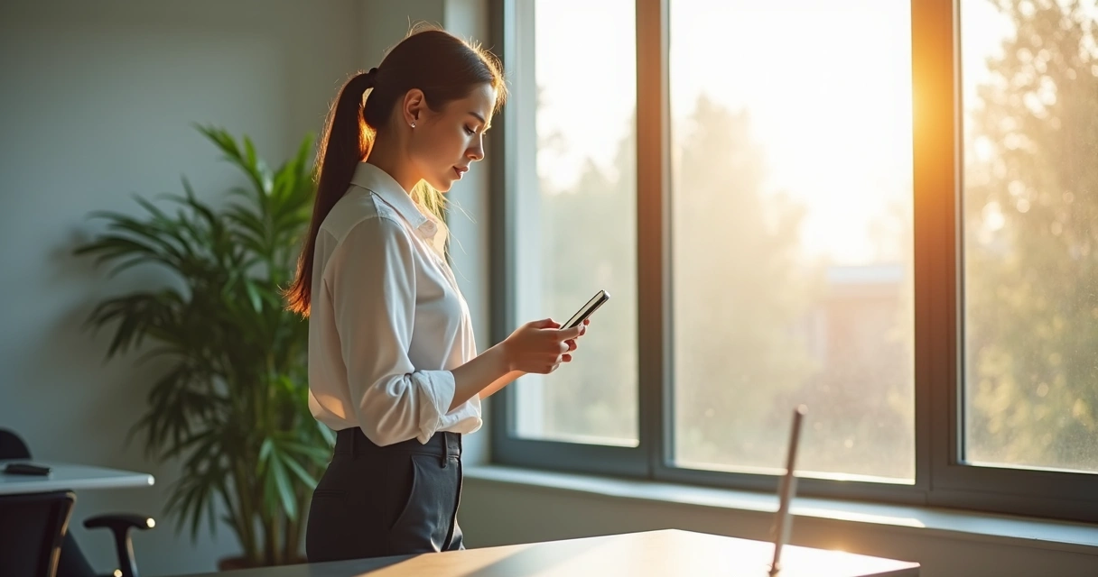 Woman leaving her phone on a desk as she walks by a window 
