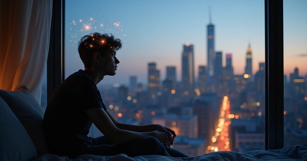 Person sitting by a window, looking at cityscape, lost in thought 