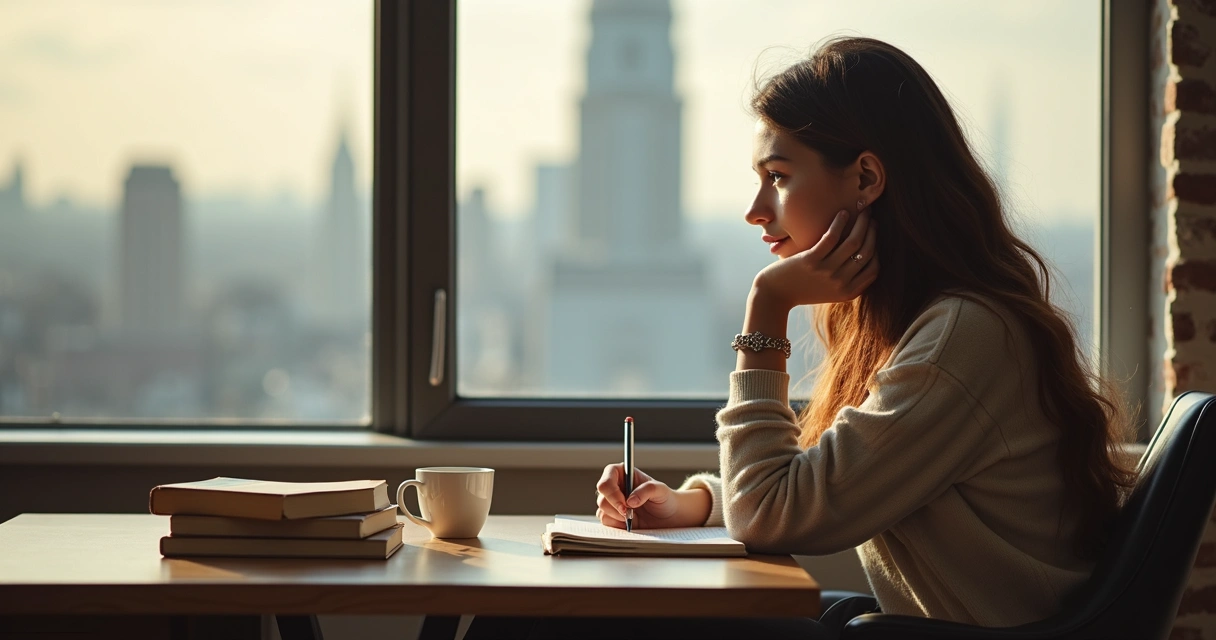 Young woman looking thoughtful by a window