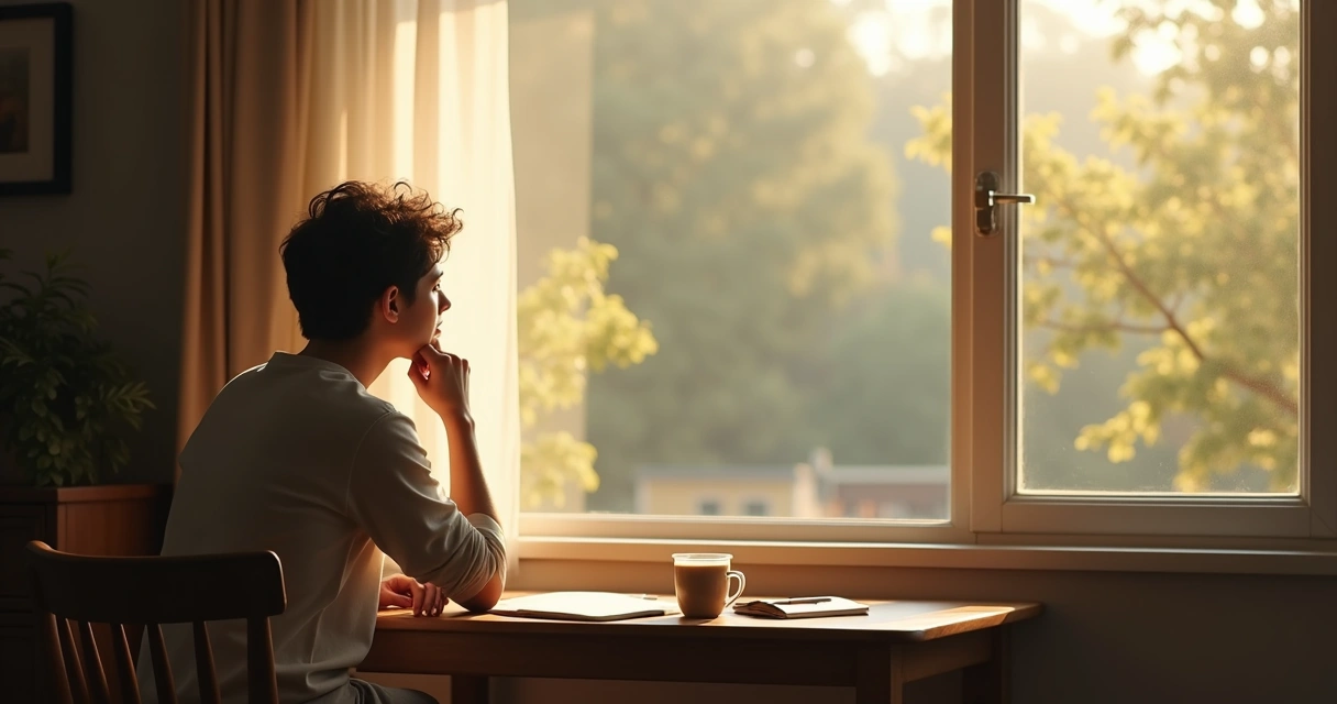 Person sitting near a window, deep in thought, with soft light coming in and a notebook nearby. 