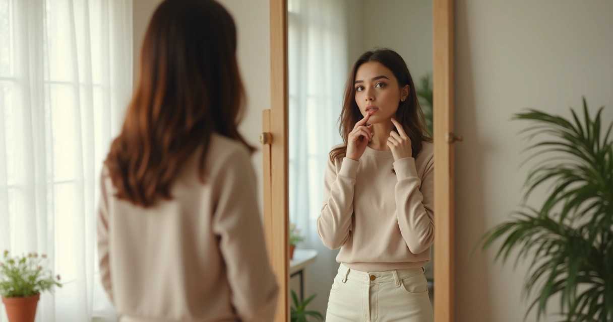 Woman looking thoughtfully at her reflection in a mirror 