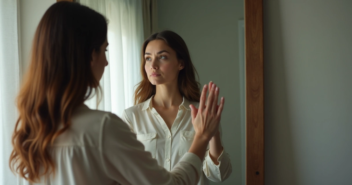 Woman thinking in front of a mirror 