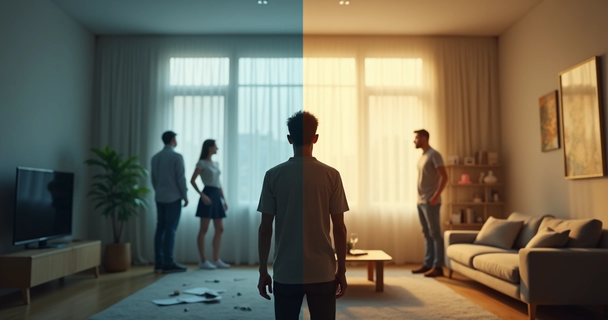 Woman split between turbulent argument and calm harmony scene 