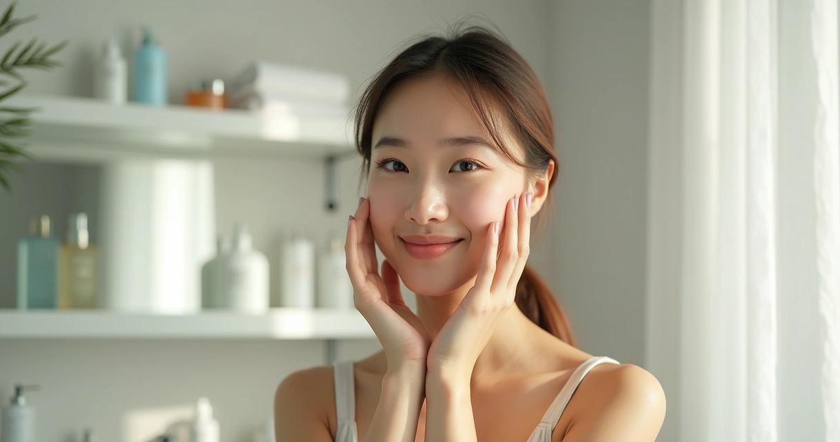Woman looking at her reflection, gently touching her face. 