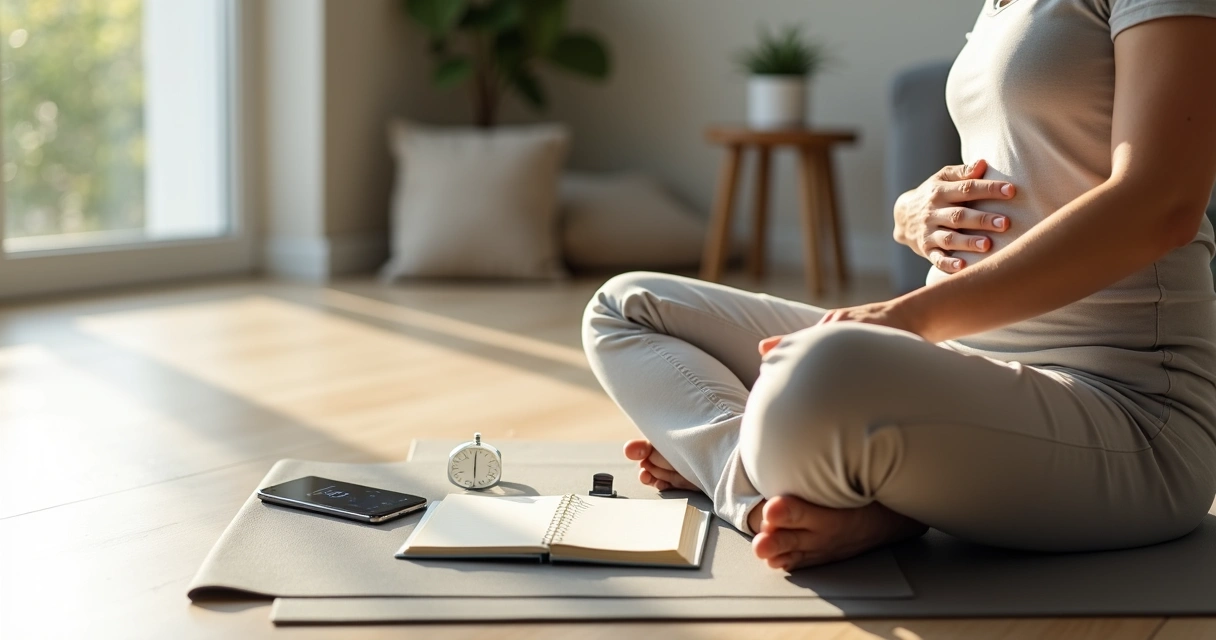 Person sitting on mat tracking breathing patterns in a notebook 