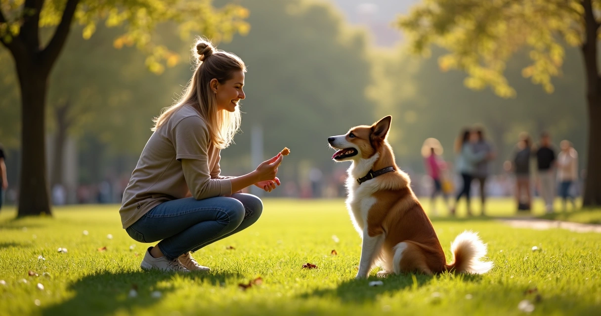 Woman teaching dog to sit in the park.