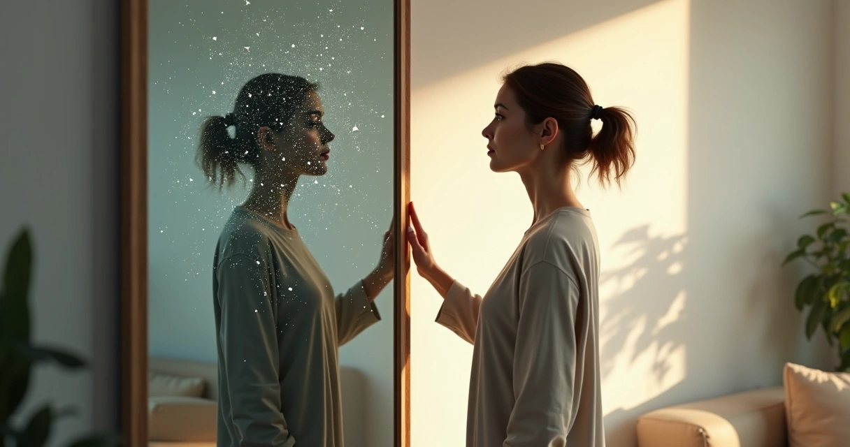 Woman observing her reflection with fragmented patterns turning into light 