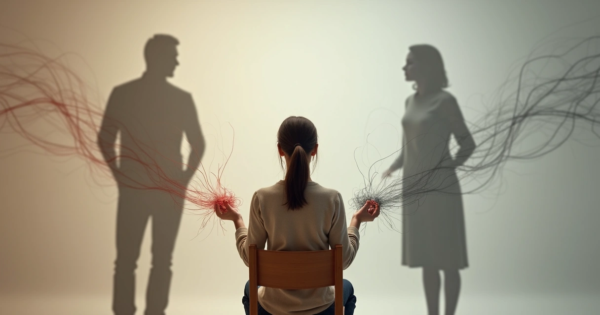 Woman untangling threads connecting her to shadow silhouettes 