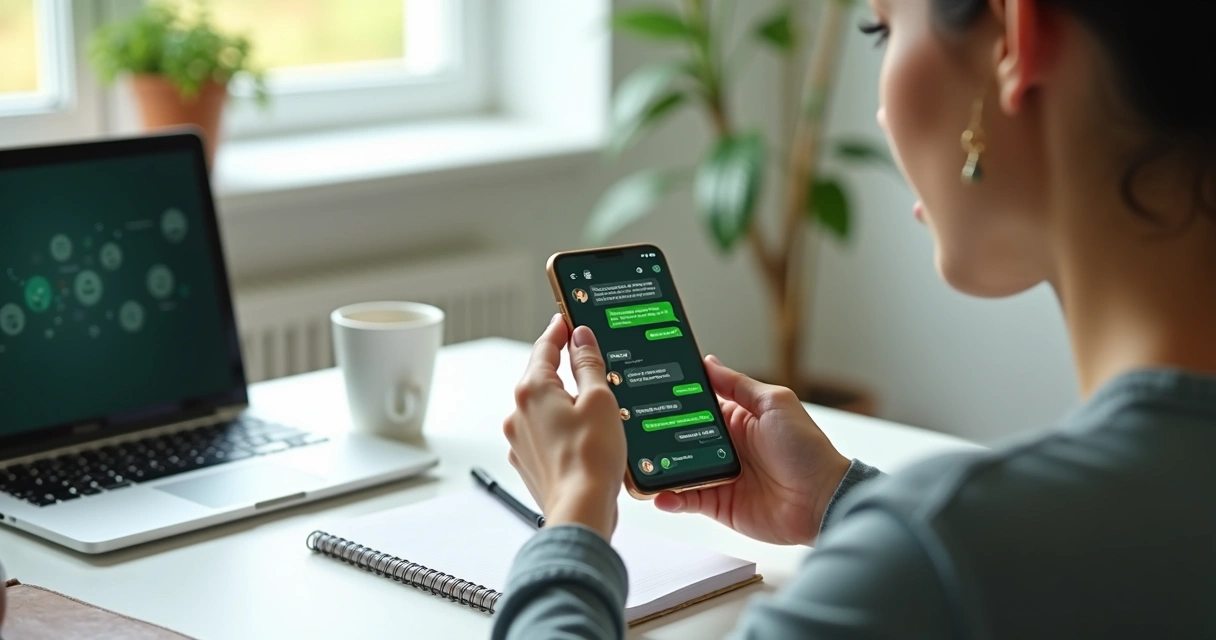 Woman using smartphone with WhatsApp Business app open to chat with customers 