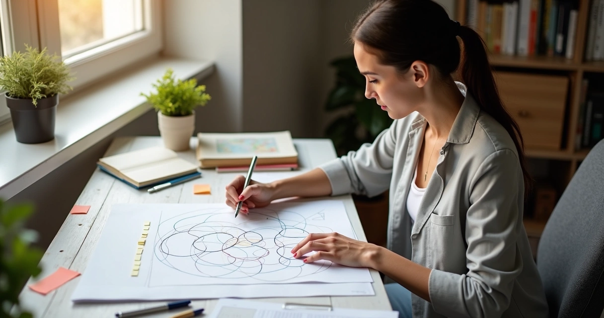 Woman drawing value map at desk 