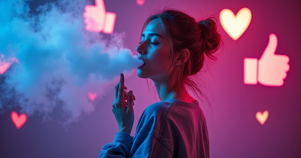 Young woman vaping surrounded by colorful lights and social media reactions 