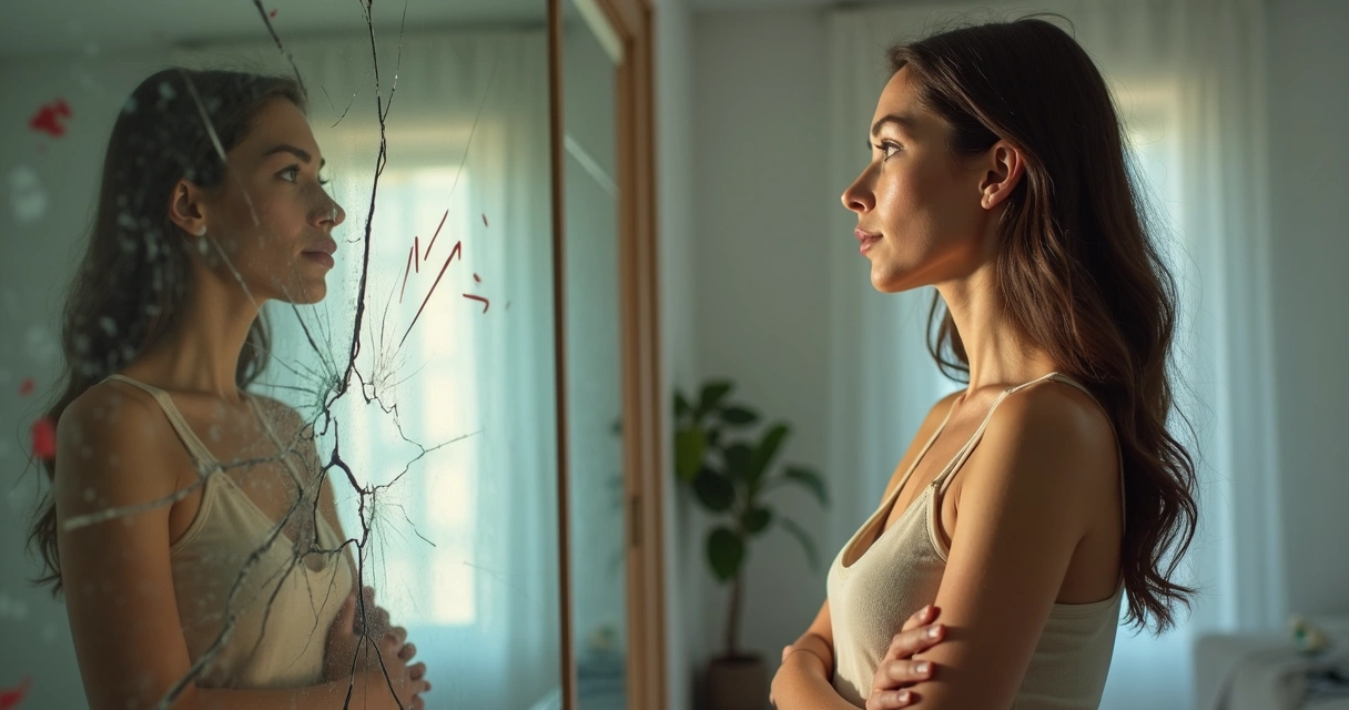 Woman studying her reflection in a cracked mirror with emotional symbols around her 