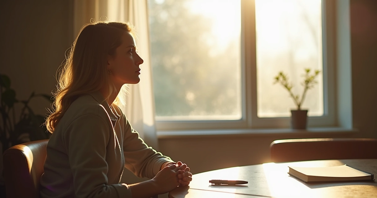 Woman sitting by a window with sunlight, gazing outside in reflection 