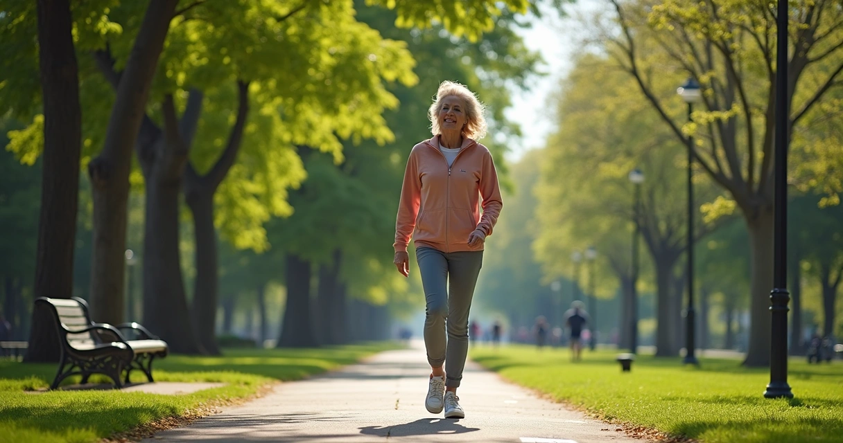 Woman in casual clothes walking in a sunny city park 