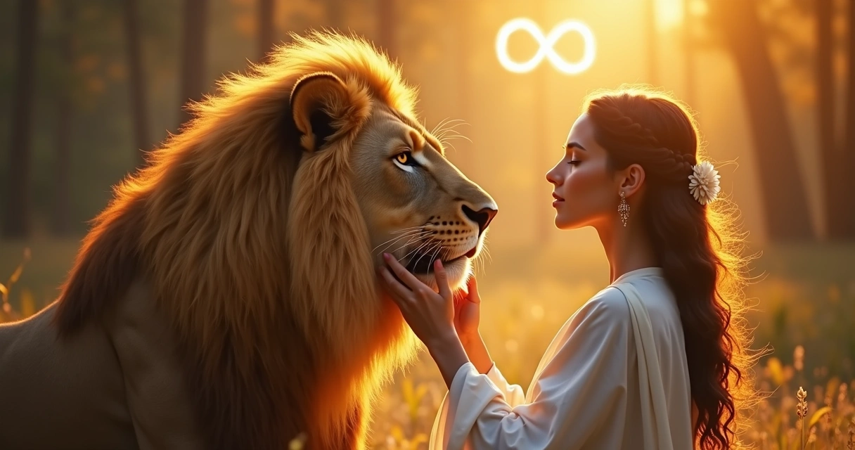 Woman gently holding a lion's jaw with an infinity symbol glowing above her head 