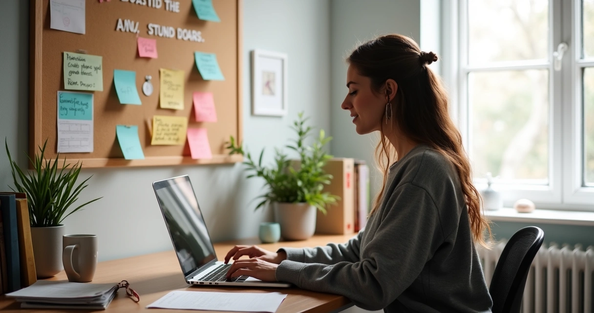 Woman working at a home desk with a planner and laptop
