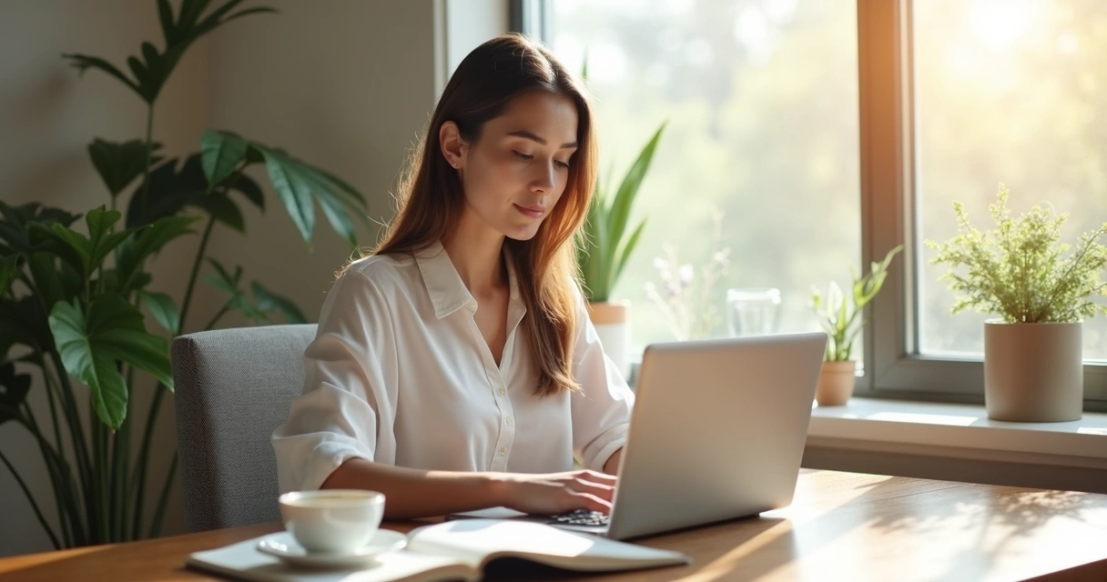 Woman working at home on laptop with coffee and notebook on table 