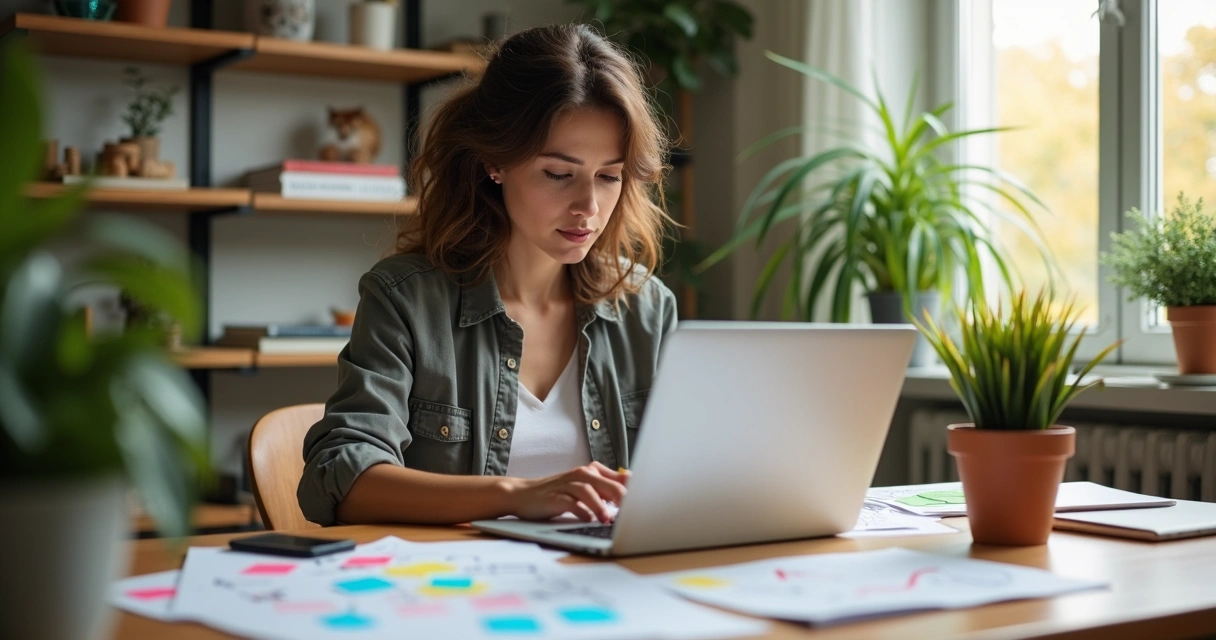 Woman using laptop at home office desk with digital marketing notes and plants 