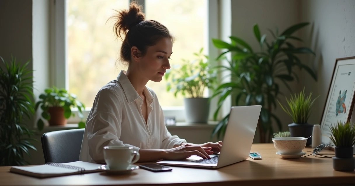 Woman working on a laptop at home desk with coffee and notebook 