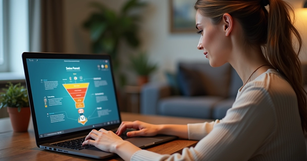 Woman working on laptop at home creating a sales funnel diagram on screen 