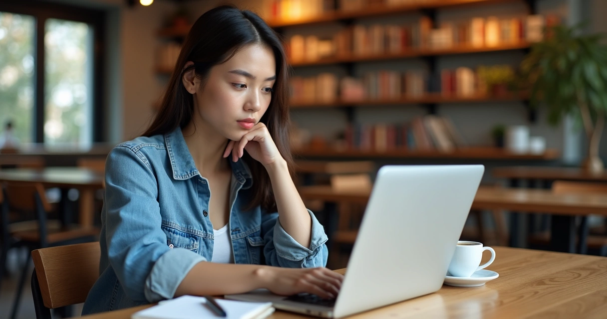 Woman using a laptop at a coffee shop 