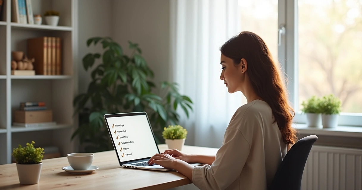 Woman working on laptop at home office with checklist on screen and coffee cup on desk 