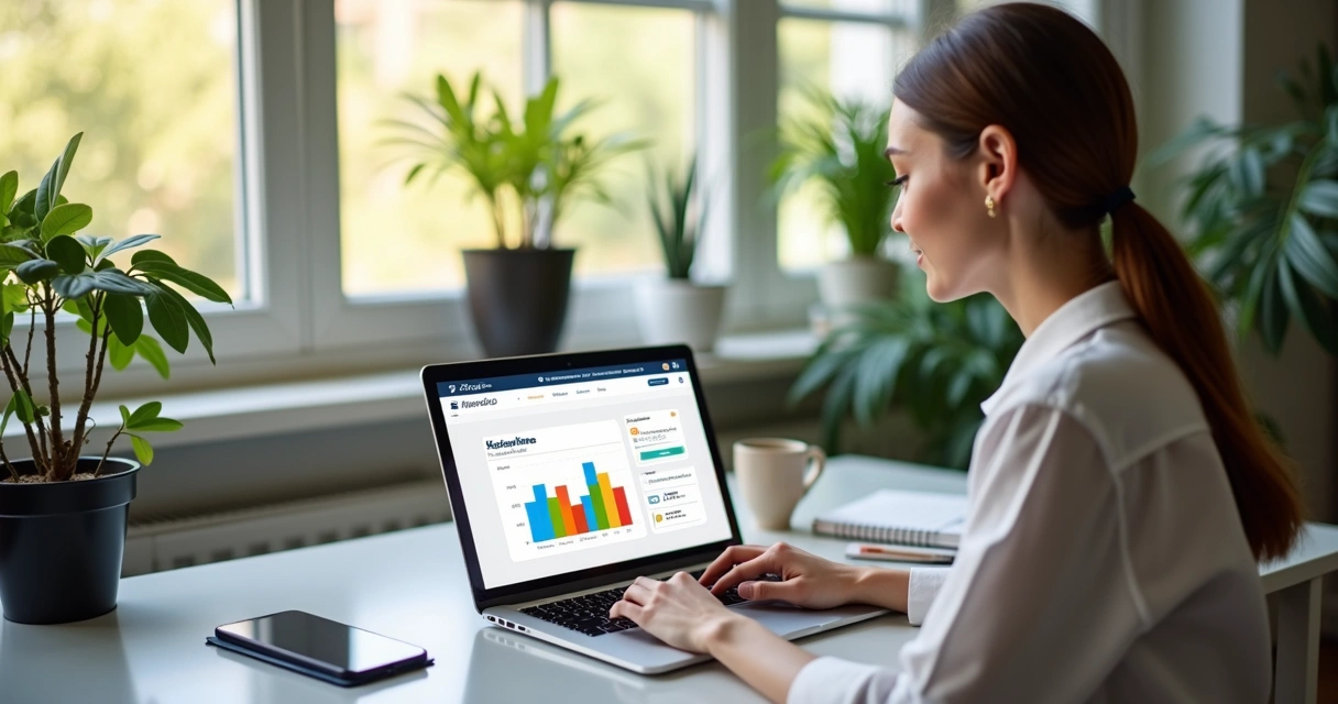 Woman working on laptop with SEO analytics and organic traffic charts on screen 