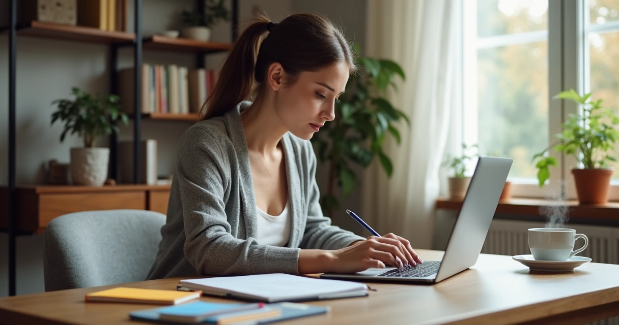 Woman writing copy on a laptop at home desk with notes and coffee 