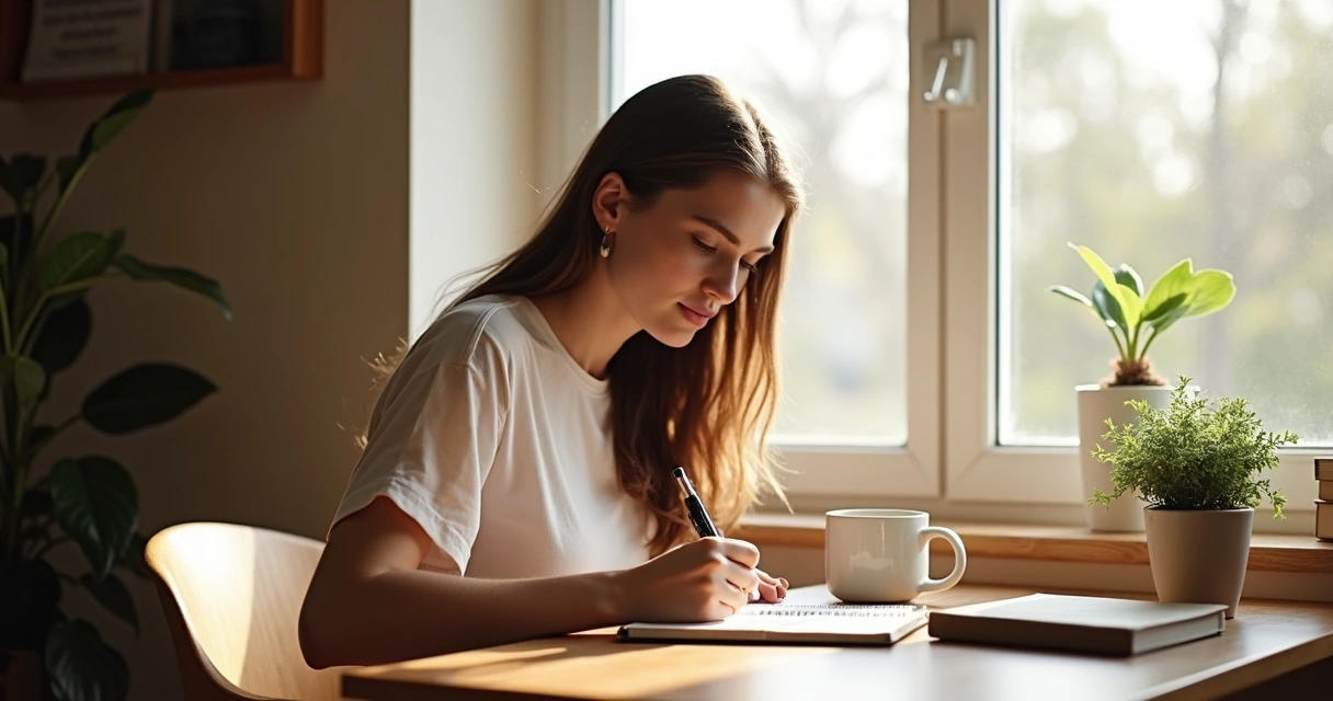 Woman writing a journal at a wooden desk by a window. 