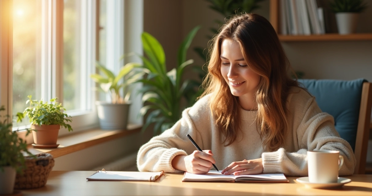 Woman writing in a journal at a desk 