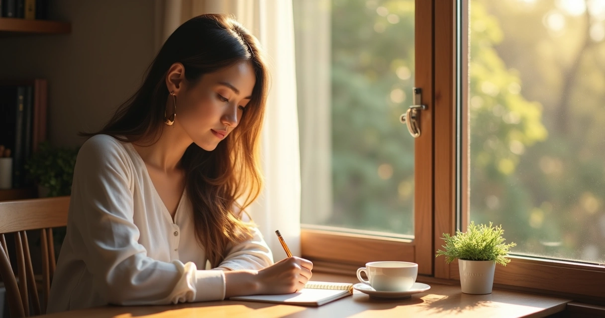 Woman writing in a journal beside a window