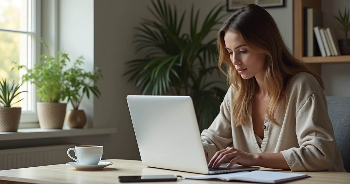 Woman focused on writing copy on laptop at a tidy desk with coffee and notebook 