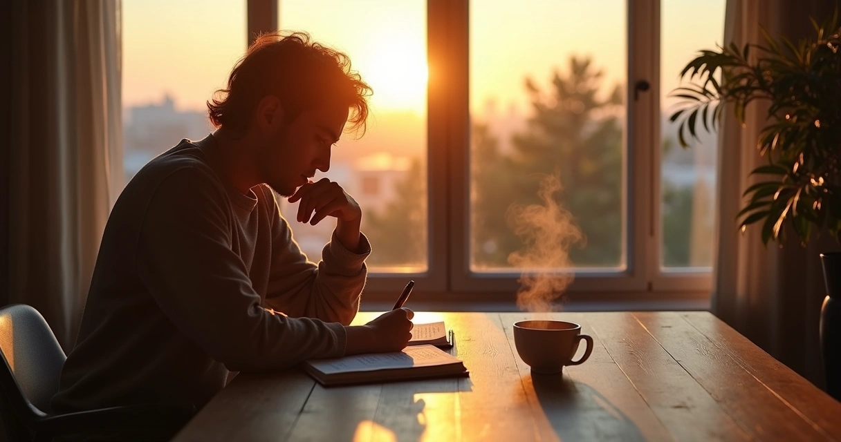 Person writing in a journal surrounded by mirrored reflections of different selves 
