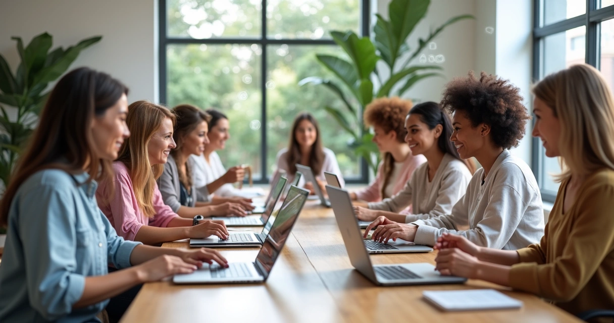 Professional women connecting through laptops and smartphones in a modern co-working space 